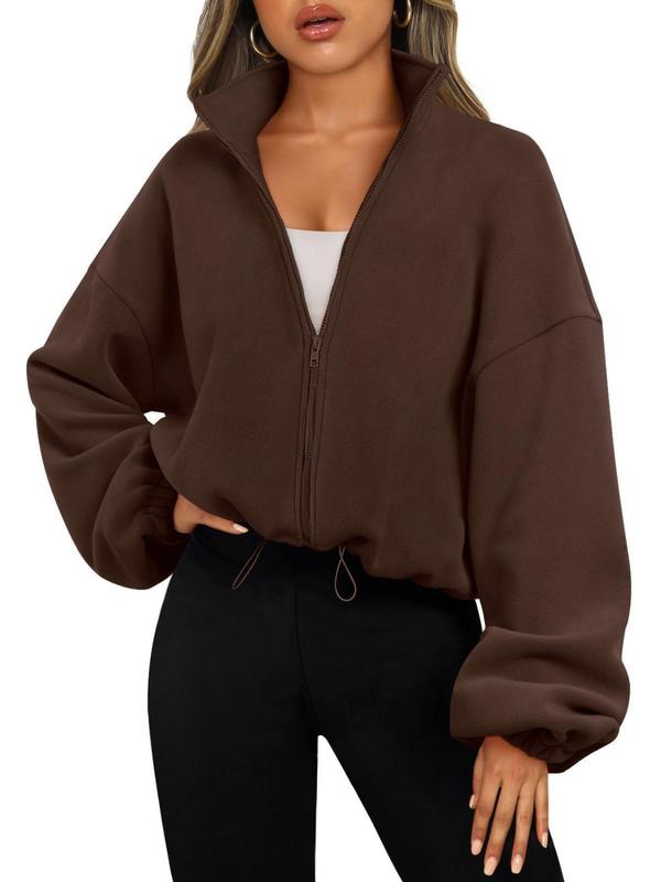 Women's Solid Zip Up Drop Shoulder Polar Fleece Jacket, Casual Long Sleeve Stand Collar Outerwear for Fall & Winter, Ladies Clothes for Daily Wear